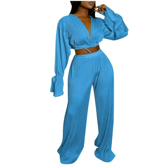 ShomPort Women's Fall Two Piece Outfits Long Sleeve Crop Tops Wide Leg Pockets Pants Lounge Sets