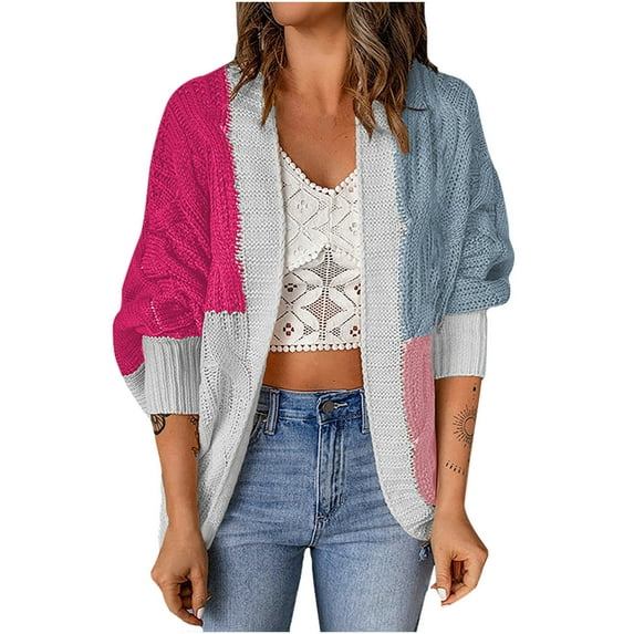 ShomPort Women's Fall Winter Long Sleeve Open Front Casual Color Blocked Knit Cardigan Sweater Outerwear