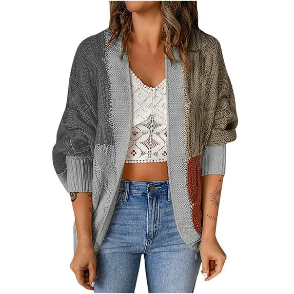 ShomPort Women's Fall Winter Long Sleeve Open Front Casual Color Blocked Knit Cardigan Sweater Outerwear