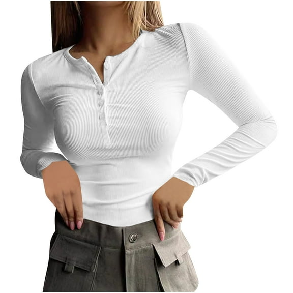 ShomPort Women's Fall Long Sleevet Shirts Button Ribbed Knit Slim Basic Tunic Tops Shirts Blouse