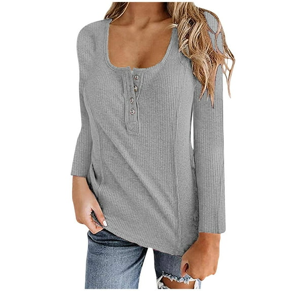 ShomPort Women's 2024 Fall Long Sleevet Shirts Button Ribbed Knit Slim Basic Tunic Tops Shirts Blouse