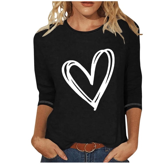 ShomPort Women's 3/4 Sleeve Fashion Crew Neck Tops Valentine's Day Print Pullovers Summer