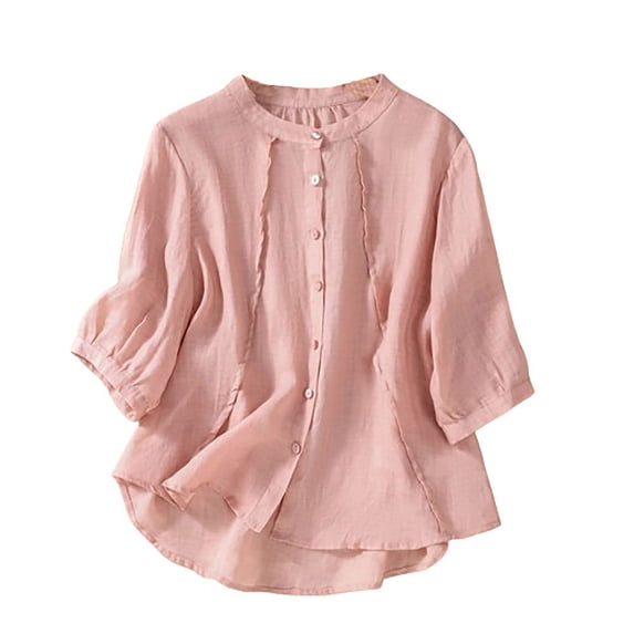 ShomPort Women's 3/4 Sleeve Shirts Summer Breathable Cotton Linen Blouses Loose Collared Button Up Tops