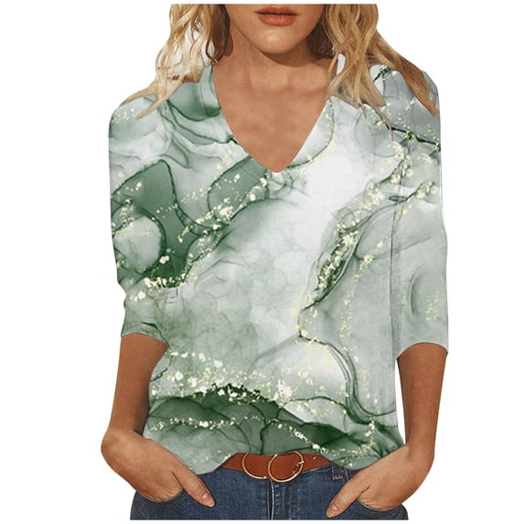 ShomPort Women's 3/4 Sleeve Summer Tops Fashion V-Neck Print T-Shirts Comfy Pullovers 2024