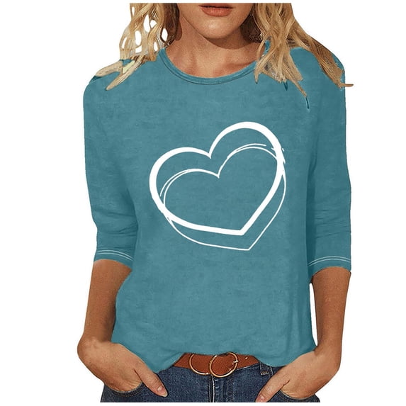ShomPort Women's 3/4 Sleeve Tops Summer Casual Round Neck Printed Tunics Valentine's Day T-Shirts