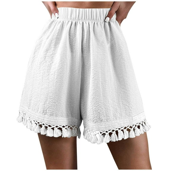 ShomPort Women's Boho Beach Shorts Summer Fashion High Elastic Waist Tassel Wide Leg Shorts
