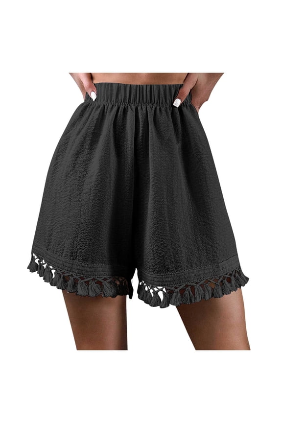Women's Boho Beach Shorts Summer Fashion High Elastic Waist Tassel Wide Leg Shorts
