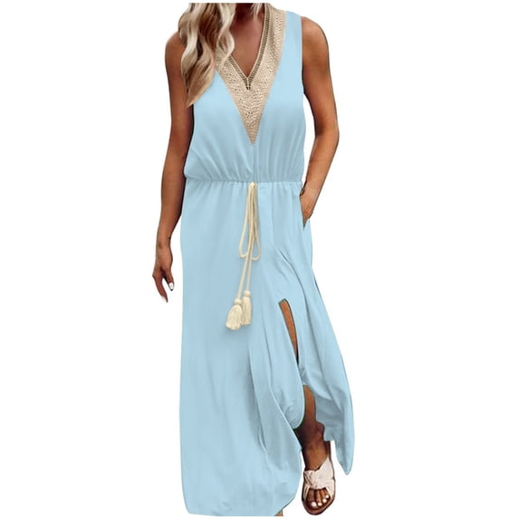 ShomPort Women's Boho Maxi Vacation Dress Summer Sleeveless Lace Splicing V-Neck Side Split Sundresses S-5XL