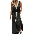 thumbnail image 1 of ShomPort Women's Boho Maxi Vacation Dress Summer Sleeveless Lace Splicing V-Neck Side Split Sundresses S-5XL, 1 of 5