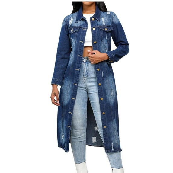 ShomPort Women's Button Down Long Denim Jacket Long Sleeve Lapel Trench Coat Washed Long Jean Jacket