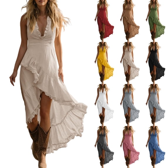 ShomPort Womens Summer Dresses Flowy Ruffle Hem Deep V Neck Sleeveless Elegant Vacation Boho Sundresses