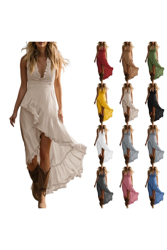 Womens Summer Dresses Flowy Ruffle Hem Deep V Neck Sleeveless Elegant Vacation Boho Sundresses
