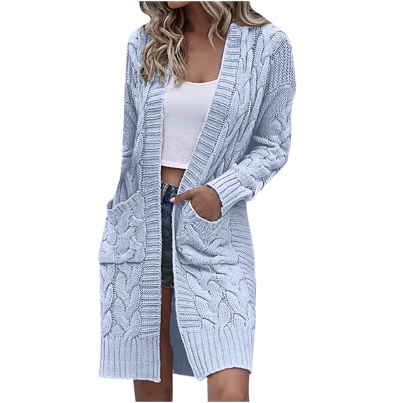 ShomPort Women's Cable Knit Sweater Cardigan Long Sleeve Solid Color Long Cardigans Coat with Pocket