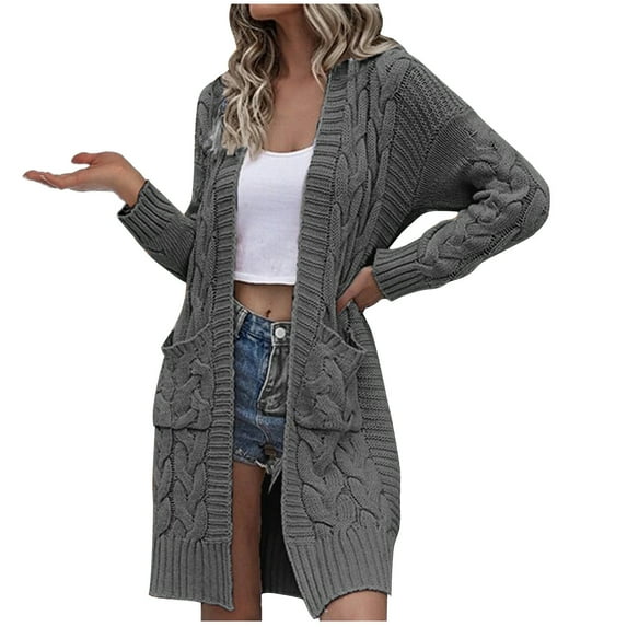 ShomPort Women's Cable Knit Sweater Cardigan Long Sleeve Solid Color Long Cardigans Coat with Pocket