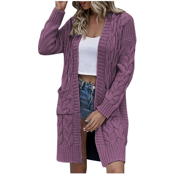 ShomPort Women's Cable Knit Sweater Cardigan Long Sleeve Solid Color Long Cardigans Coat with Pocket