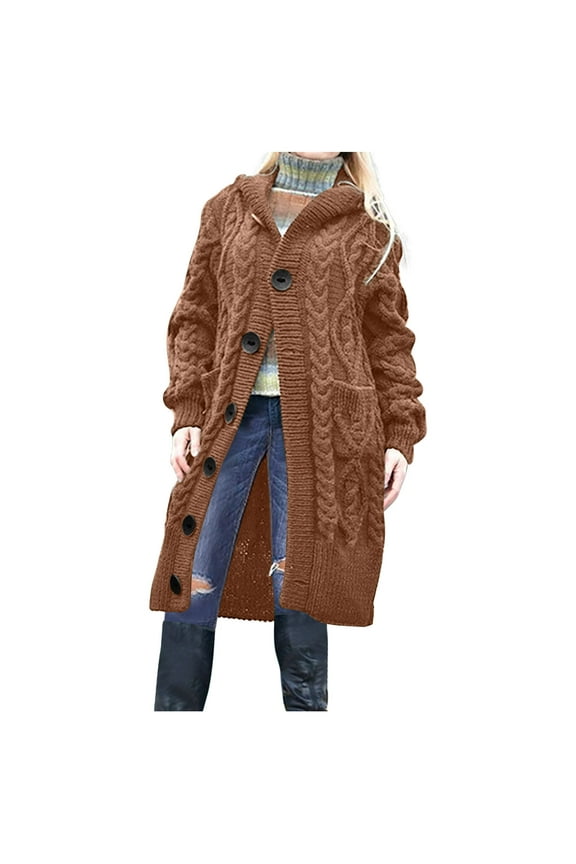 Women's Cable Knit Sweater Long Cardigans Long Sleeve Button down Hooded Chunky Warm Coat with Pockets
