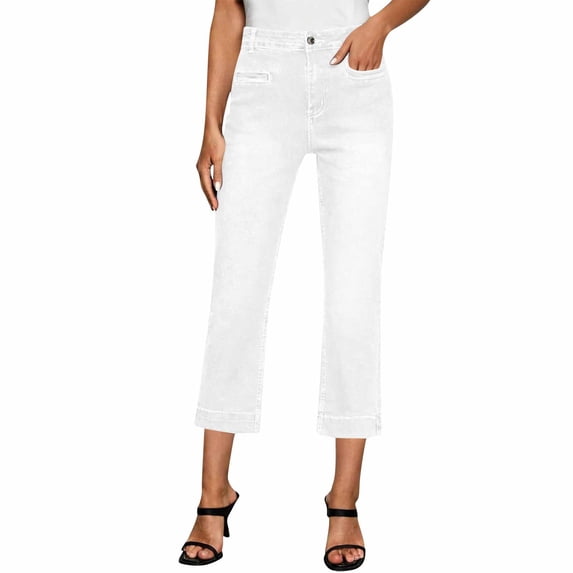 ShomPort Women's Capri Jeans Straight Leg Button Mid Waist Dressy Crop Denim Pants with Pockets