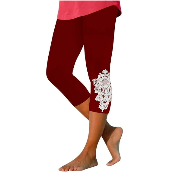 ShomPort Women's Capri Leggings Summer Comfortable Elastic High Waist Lace Yoga Pants Bottoms
