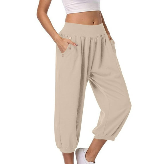 ShomPort Women's Capri Pants Summer Casual Elastic Waist Baggy Cropped Pants with Pockets