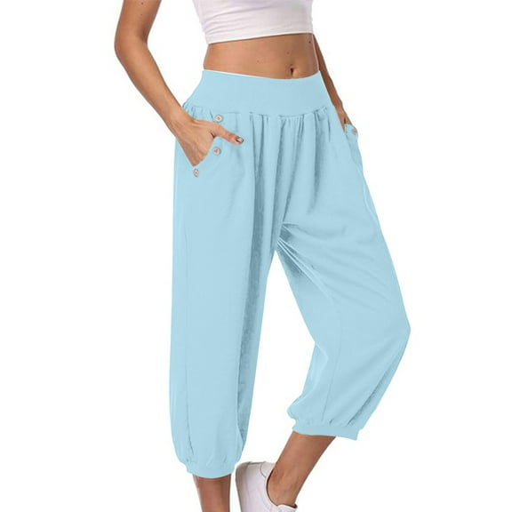 ShomPort Women's Capri Pants Summer Casual Elastic Waist Baggy Cropped Pants with Pockets
