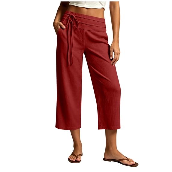 ShomPort Womens Linen Capris Dressy Wide Leg Bowtie Elastic Mid Waist Casual Pockets Cropped Pants