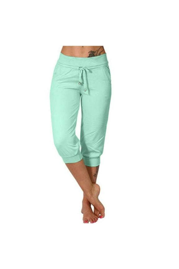 Women's Capri Sweatpants Summer Joggers Yoga Pants Drawstring Elastic Waist Pants with Pockets