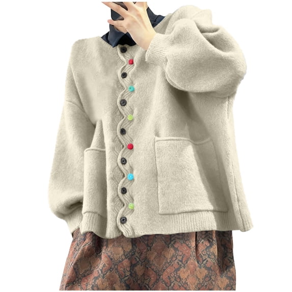 ShomPort Women's Cardigan Sweaters Soft Plus Size Button Open Front Long Sleeve Knit Outerwear with Pockets