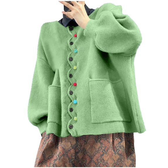 ShomPort Women's Cardigan Sweaters Soft Plus Size Button Open Front Long Sleeve Knit Outerwear with Pockets