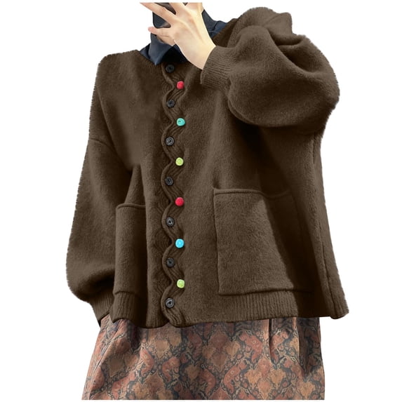 ShomPort Women's Cardigan Sweaters Soft Plus Size Button Open Front Long Sleeve Knit Outerwear with Pockets