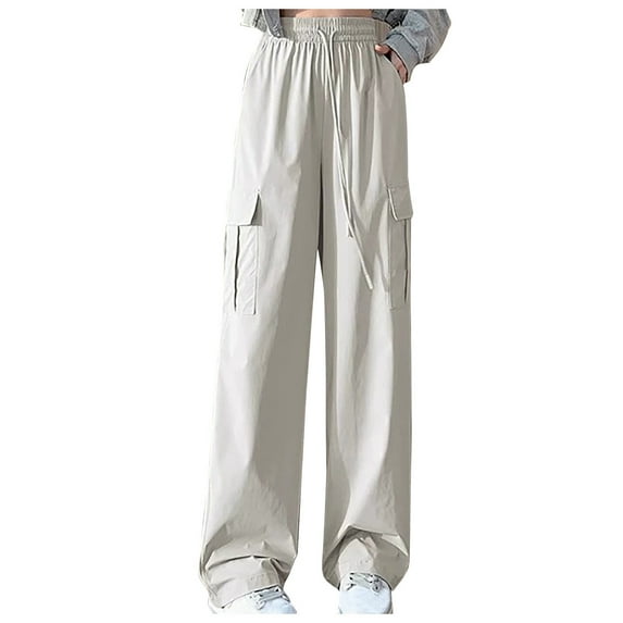 ShomPort Women's Cargo Pants Drawstring Elastic Waist Wide Leg Pants with Pockets Running Athletics Pants