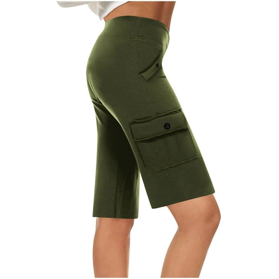 ShomPort Women's Cargo Shorts Summer Casual Elastic High Waist Knee Length Straight Shorts with Pockets