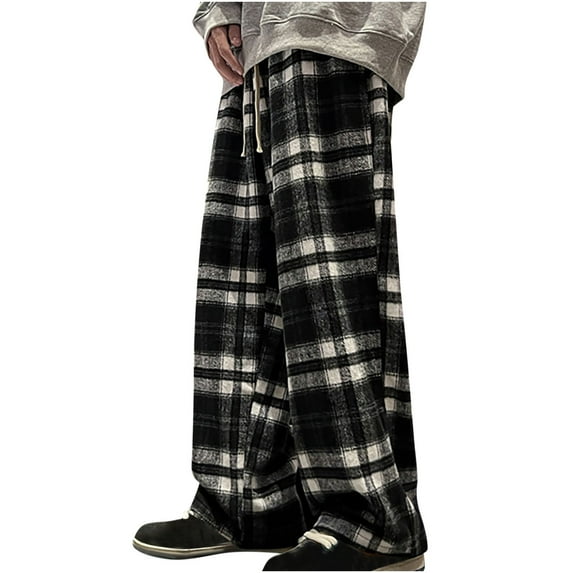 ShomPort Women's Casual Baggy Wide Leg Pants Fall Fashion Plaid Printed Drawstring Waist Trousers with Pockets