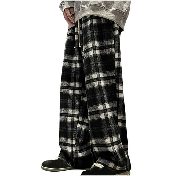 ShomPort Women's Casual Baggy Wide Leg Pants Fall Fashion Plaid Printed Drawstring Waist Trousers with Pockets