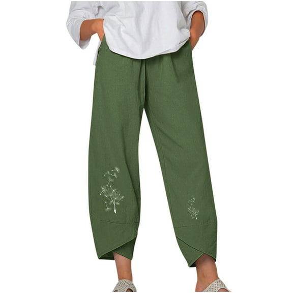 ShomPort Women's Casual Capris Pants Summer Cotton Linen Straight Cropped Pants Elastic Waist Print Pants with Pockets