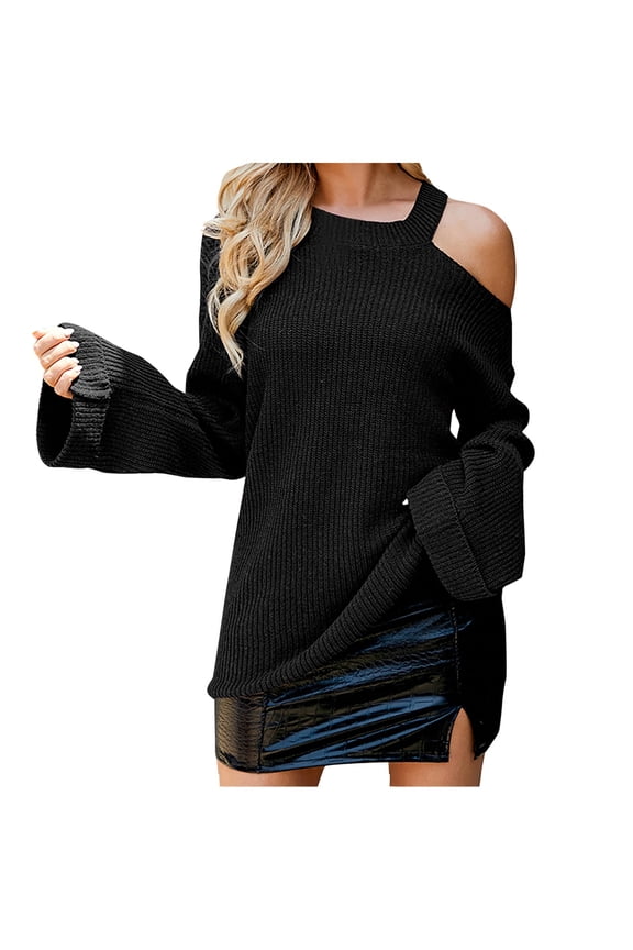 Women's Casual Cold Shoulder Sweater Halter Neck Long Sleeve Tunic Tops Fall Oversized Pullover