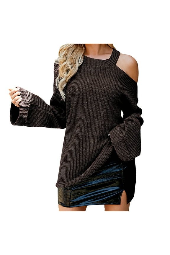Women's Casual Cold Shoulder Sweater Halter Neck Long Sleeve Tunic Tops Fall Oversized Pullover