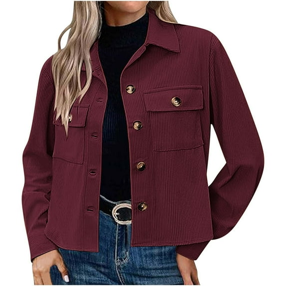 ShomPort Women's Casual Corduroy Jackets Fall Crop Button Down Shacket Jacket Long Sleeve Shirt with Pockets