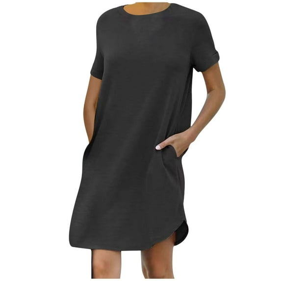 ShomPort Women's Casual Dress Summer Round Neck Short Sleeve T-Shirt Dress Loose Mini Dress with Pockets