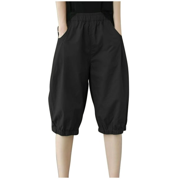 ShomPort Women's Casual Knee Length Pants Summer Trendy Elastic Waist Lantern Pants with Pockets
