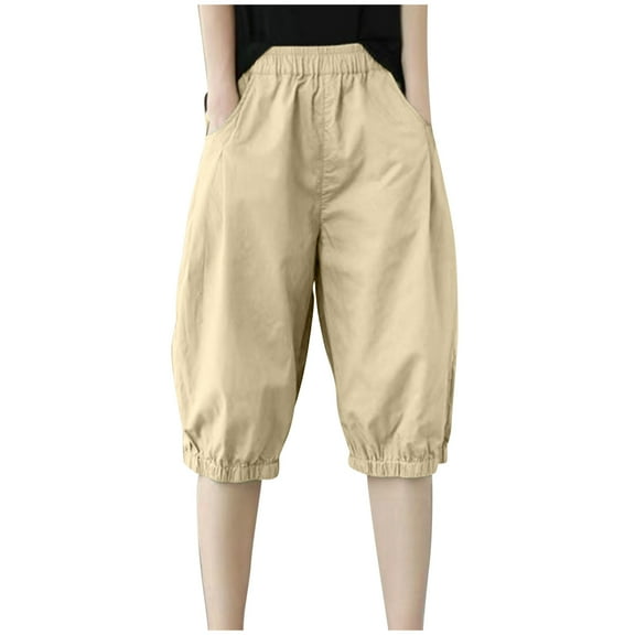 ShomPort Women's Casual Knee Length Pants Summer Trendy Elastic Waist Lantern Pants with Pockets