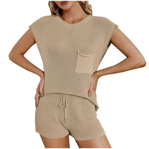 ShomPort Women's Casual Knit 2 Piece Outfits Summer Covered Sleeve Crew Neck Top and Shorts Beach Set