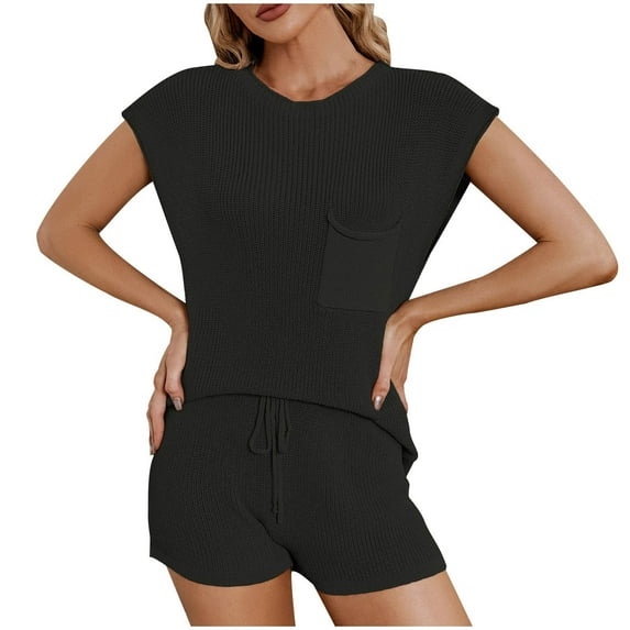 ShomPort Women's Casual Knit 2 Piece Outfits Summer Covered Sleeve Crew Neck Top and Shorts Beach Set