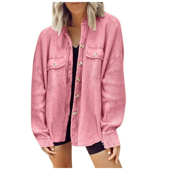 ShomPort Women's Casual Long Sleeve Button up Loose Shacket Shirt Jacket Coat Outerwear with Pockets