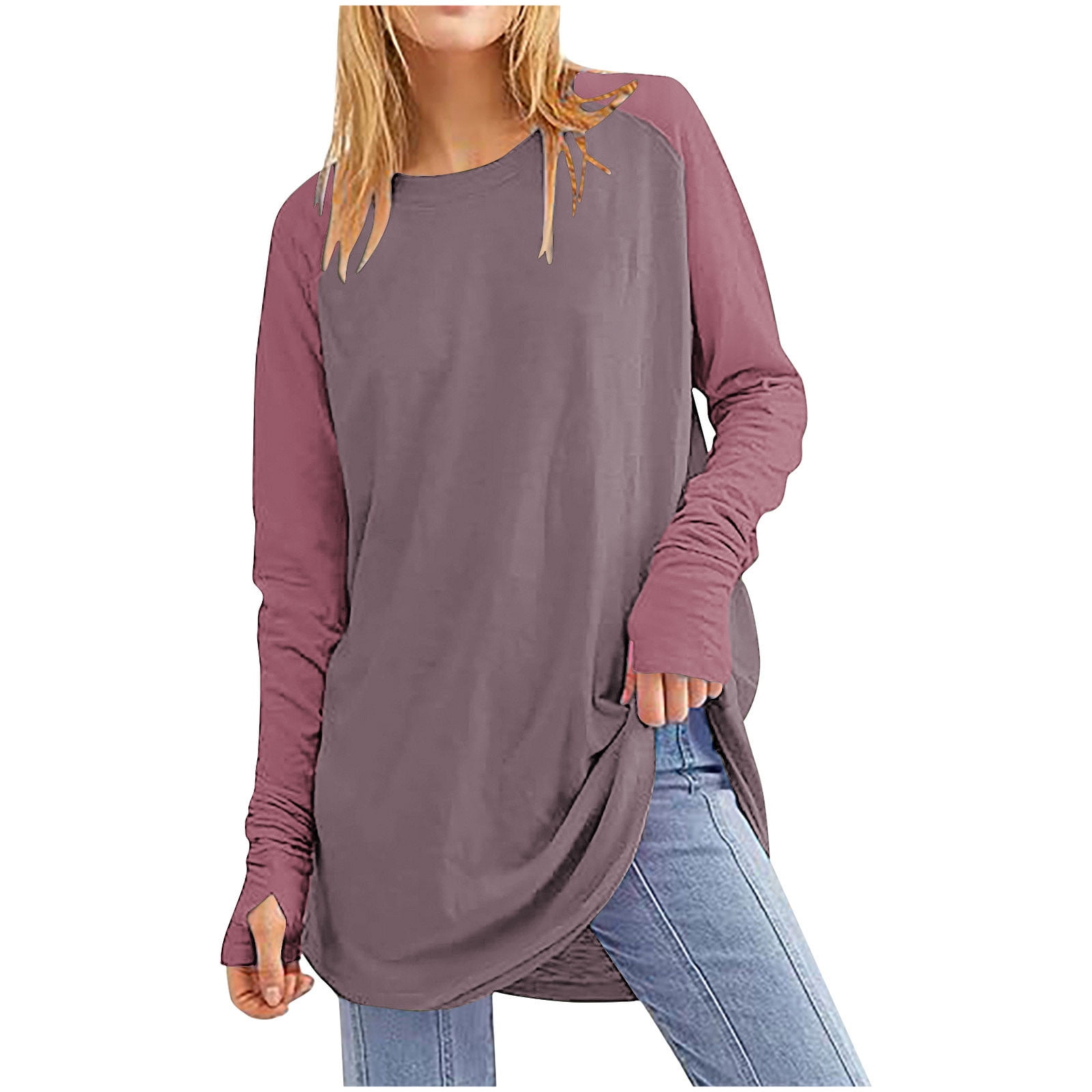 ShomPort Women's Casual Long Sleeve Tunic Tops Crew Neck Color Block