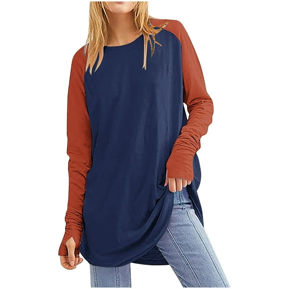 ShomPort Women's Casual Long Sleeve Tunic Tops Crew Neck Color Block Blouse Soft Comfy Shirt Loose Basic Tee with Thumb Holes