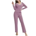 thumbnail image 1 of ShomPort Women's Casual Loungewear Set Ribbed V-Neck Long Sleeve Solid Color Soft Pajamas Breathable Loose 2 Pieces Sleepwear, 1 of 8