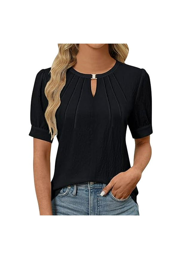 Women's Casual Shirts Summer Basic Keyhole Round Neck Tops Solid Color Short Sleeve Work Blouses