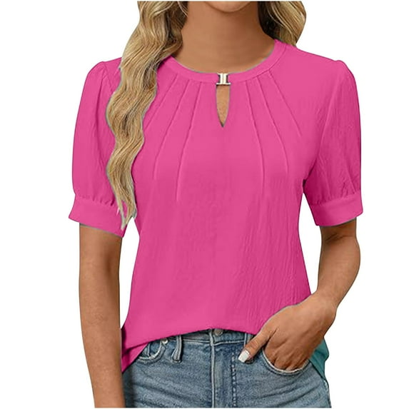 ShomPort Women's Casual Shirts Summer Basic Keyhole Round Neck Tops Solid Color Short Sleeve Work Blouses