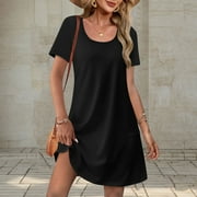 SHOMPORT Summer Dresses for Women Casual Crew Neck Short Sleeve Sundress with Pocket Loose Beach Vocation Going out T-Shirts Dress