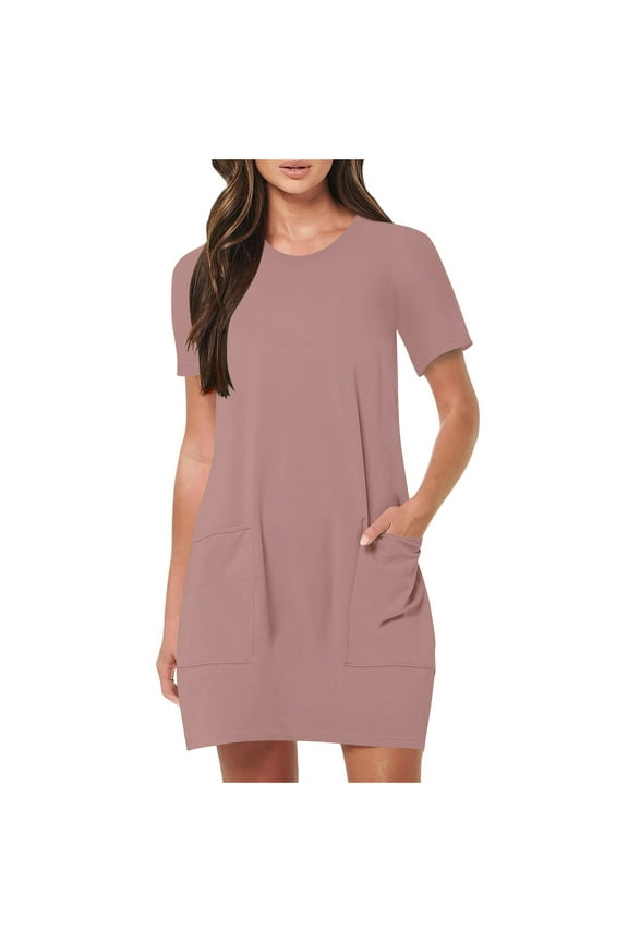 Women's Casual T-Shirt Dresses with Pockets Summer Loose Round Neck Short Sleeve Mini Dresses